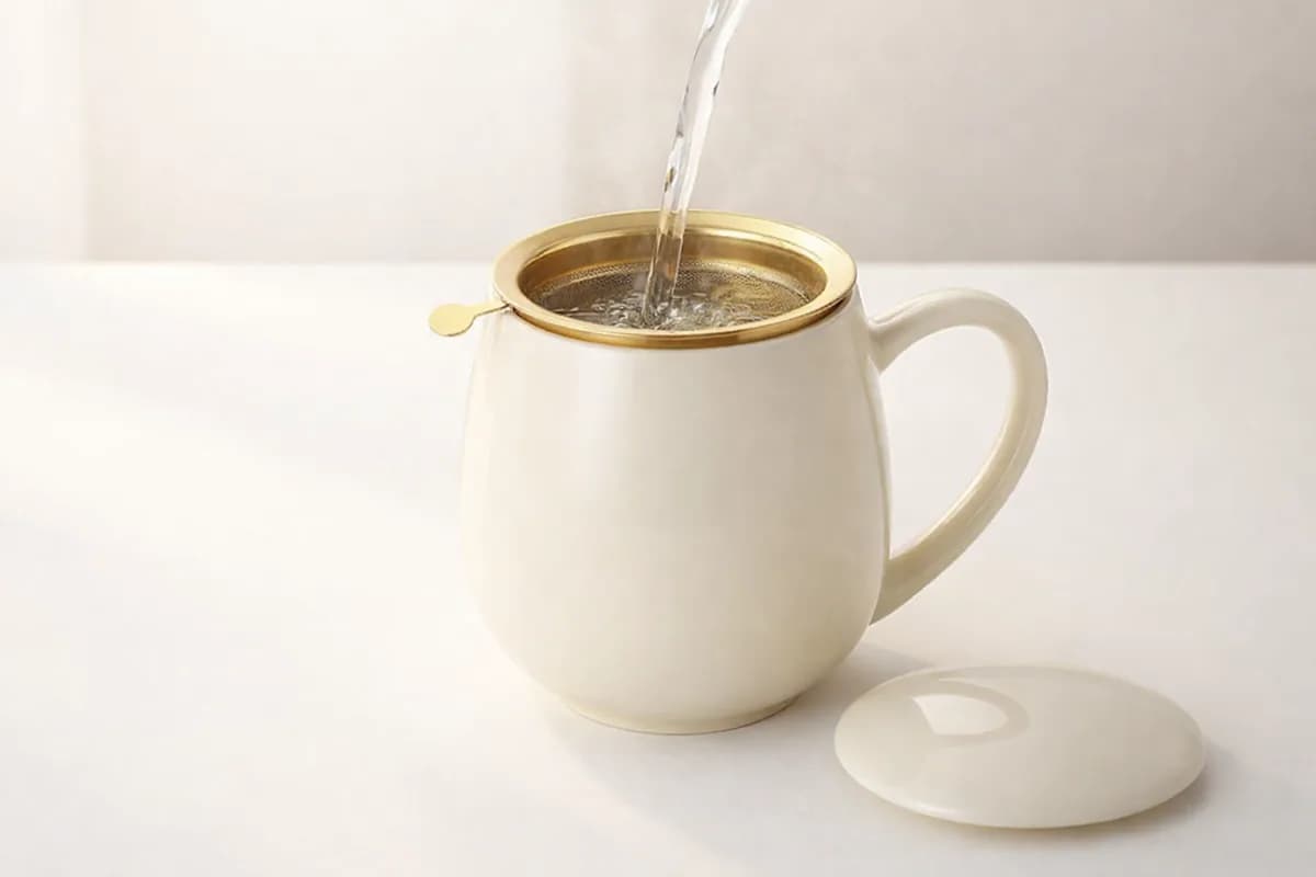 Ulijevanje vruće vode u filter sa šalicom za pripremu čaja.